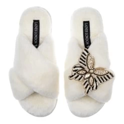 Laines London Classic Cream Slippers With Butterfly Brooch