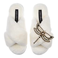 Laines London Classic Cream Slippers With Dragonfly Brooch