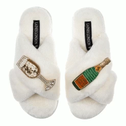 Laines London Classic Cream Slippers With Double Champagne Brooch