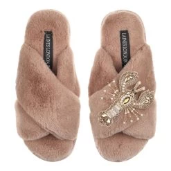 Laines London Classic Toffee Slippers With Gold Lobster Brooch