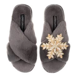 Laines London Classic Grey Slippers With Snowflake Brooch